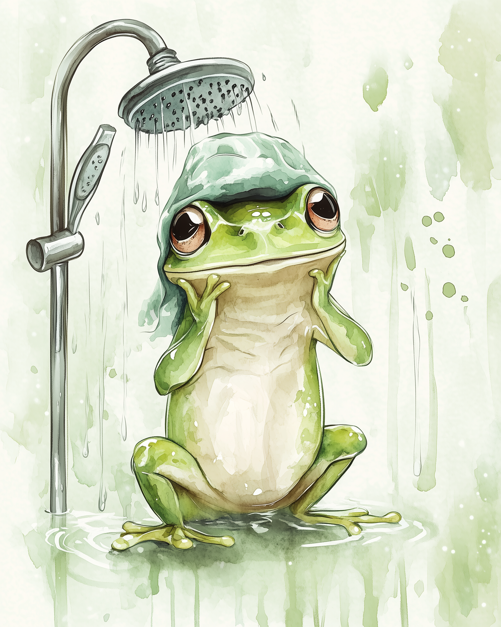 A wide-eyed green frog stands under a running shower with a towel on its head in a fun watercolor style. The lighthearted design and quirky expression make it ideal for playful or family-friendly themes.
