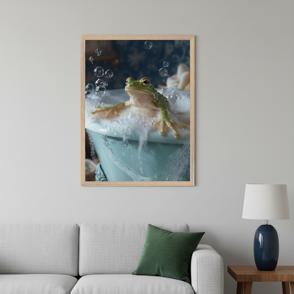 Living room with a light gray sectional sofa. A framed print of a realistic green frog in a bubble bath in a blue tub hangs above the sofa. A dark green throw pillow is on the sofa, and a blue lamp is on a wooden side table.