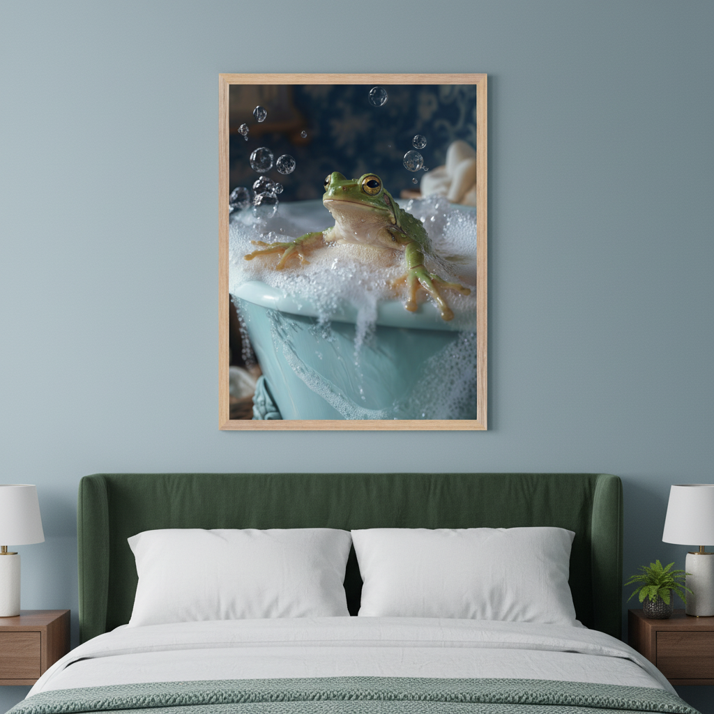 Modern bedroom with a dark green upholstered bed and white bedding. A light wood-framed photograph of a green frog in a bubble bath hangs on a light blue wall, centered above the bed.