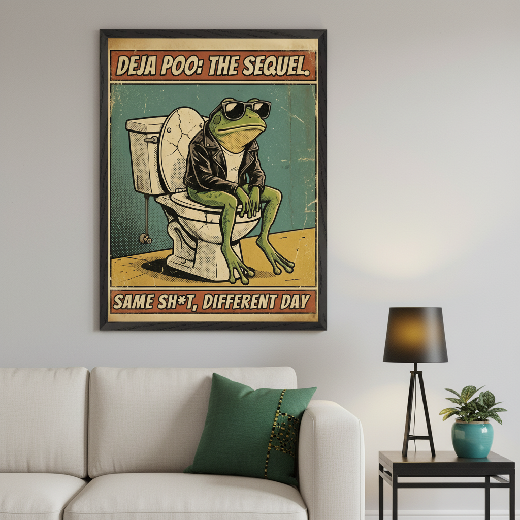 Living room with a beige sofa and a black side table. A framed retro comic-style poster of a frog in sunglasses and a leather jacket on a toilet hangs above the left side of the sofa. Text: "DEJA POO: THE SEQUEL. SAME SH*T, DIFFERENT DAY".