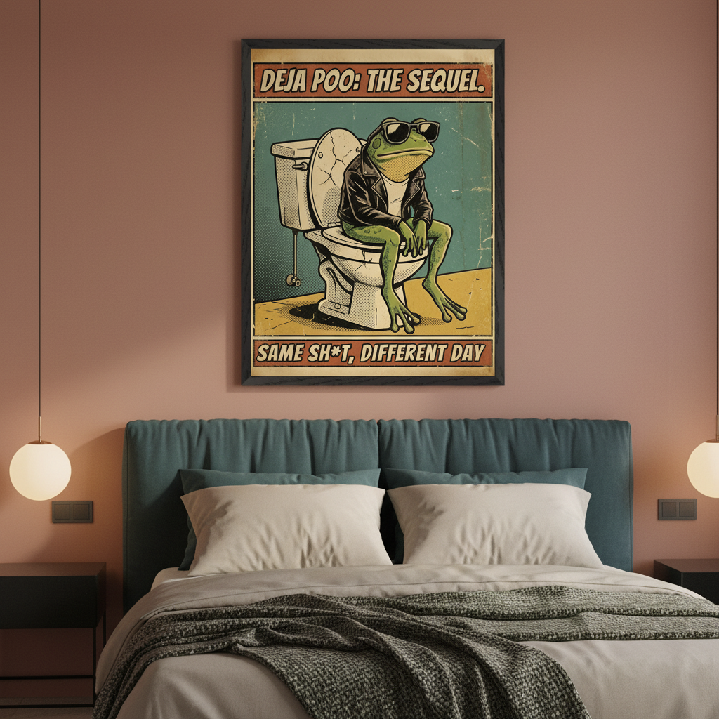 Modern bedroom with a teal headboard bed and two nightstands. A framed comic-style poster featuring a frog in sunglasses and a leather jacket on a toilet, with text "DEJA POO: THE SEQUEL." and "SAME SH*T, DIFFERENT DAY," hangs above the bed.