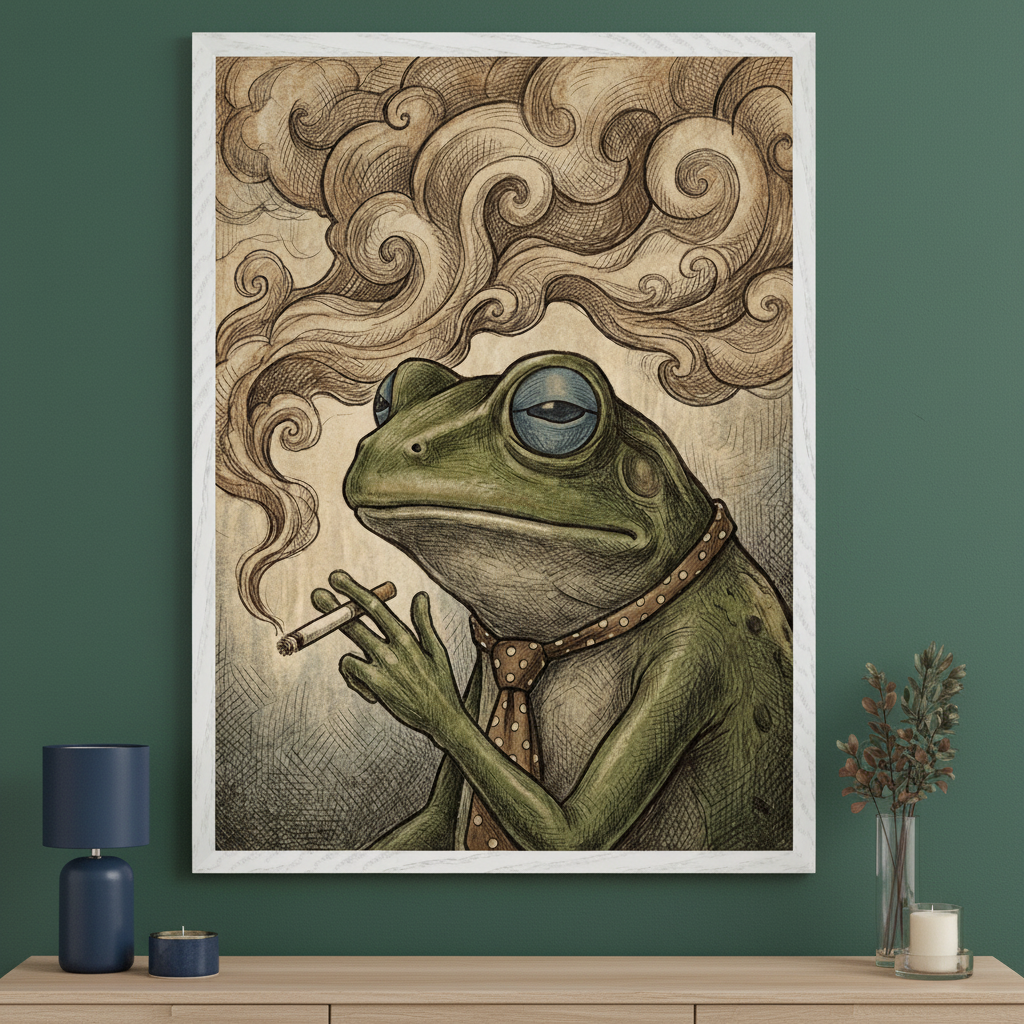 Modern room with a light wood dresser. A large framed sketch of a frog in a tie smoking a cigarette, with swirling smoke, hangs centered above the dresser.