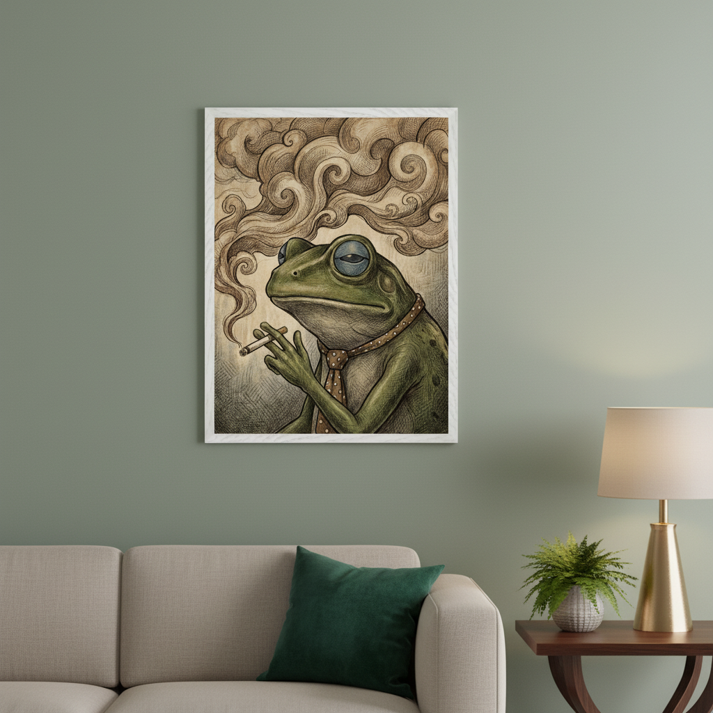 Living room with a beige sofa against a sage green wall. A large framed illustration of a frog in a tie smoking a cigarette, with swirling smoke, hangs above the left side of the sofa. A dark wooden side table with a gold lamp and a small plant is to the right.