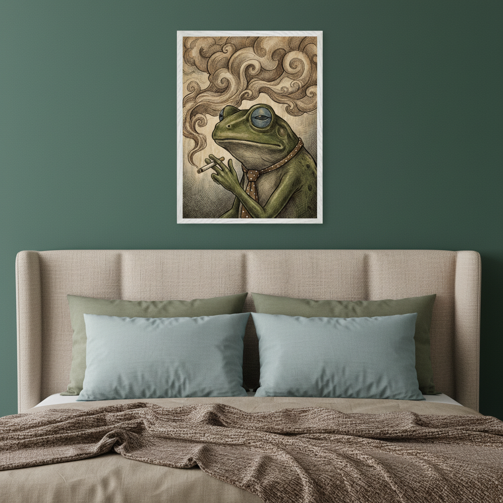 Bedroom with a beige upholstered bed against a dark green wall. A framed illustration of a green frog in a tie smoking a cigarette with swirling smoke is centered above the bed.