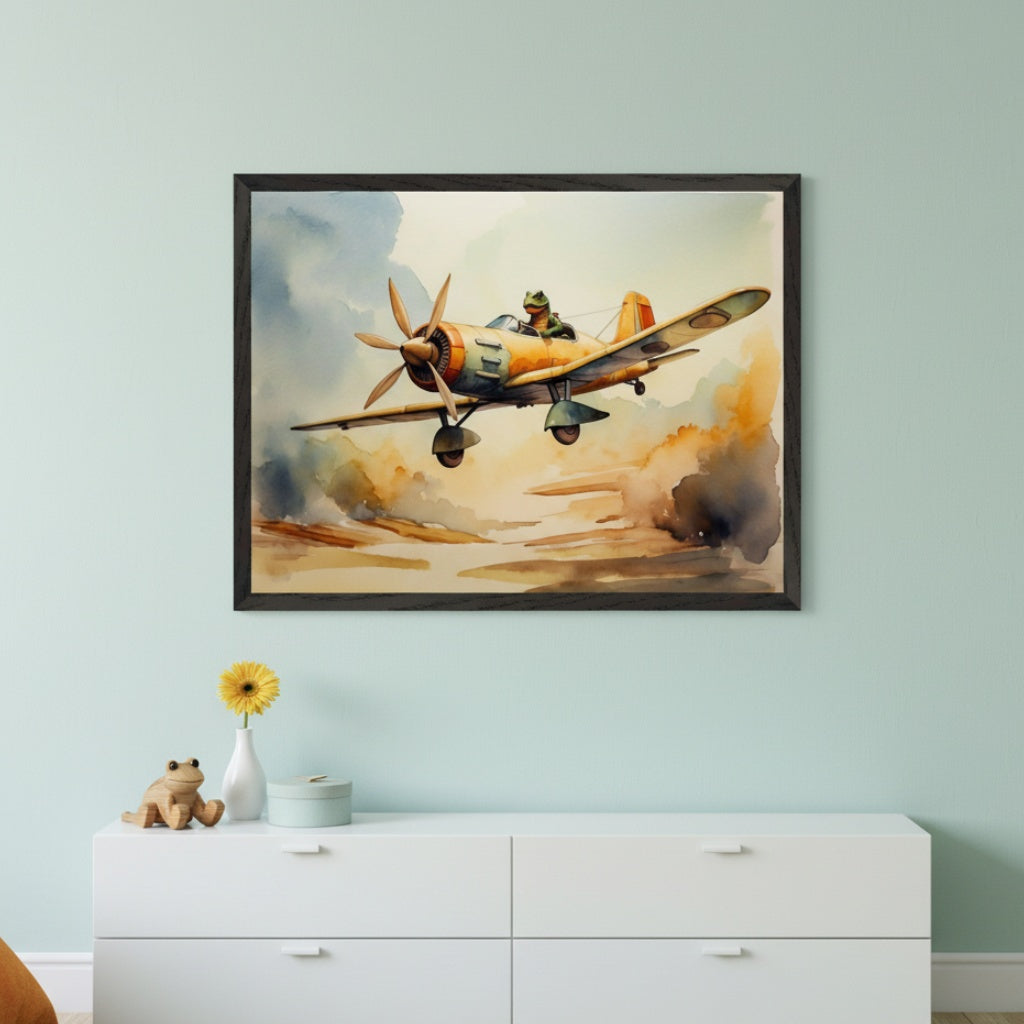 Kid's room with a white dresser against a light teal wall. A large framed watercolor of a frog piloting a yellow propeller plane through clouds hangs centered above the dresser. A wooden frog, a yellow flower in a white vase, and a light blue box are on the dresser.