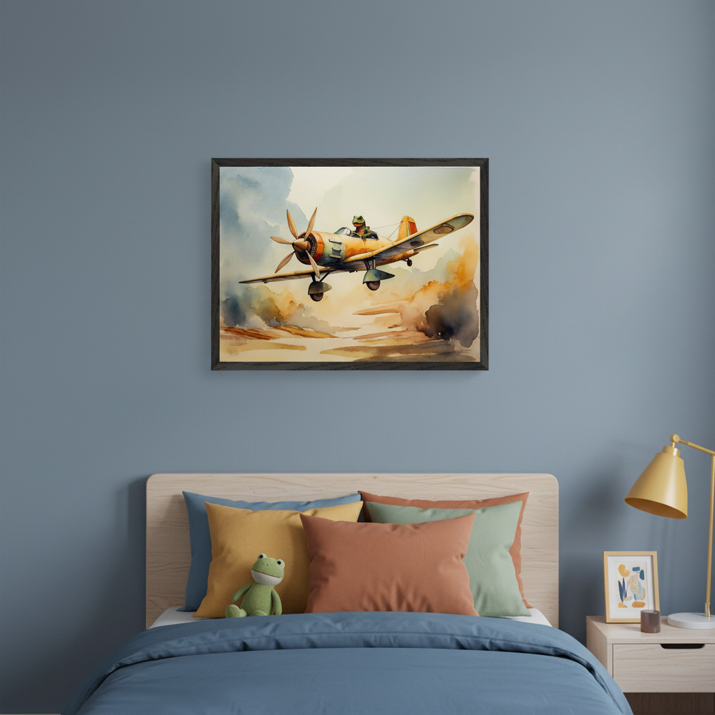 Kid's bedroom with a wooden bed and blue duvet. A watercolor painting of a propeller airplane with a frog pilot flying through clouds is centered above the bed. A green frog plushie sits on the bed, and a nightstand with a yellow lamp is to the right.