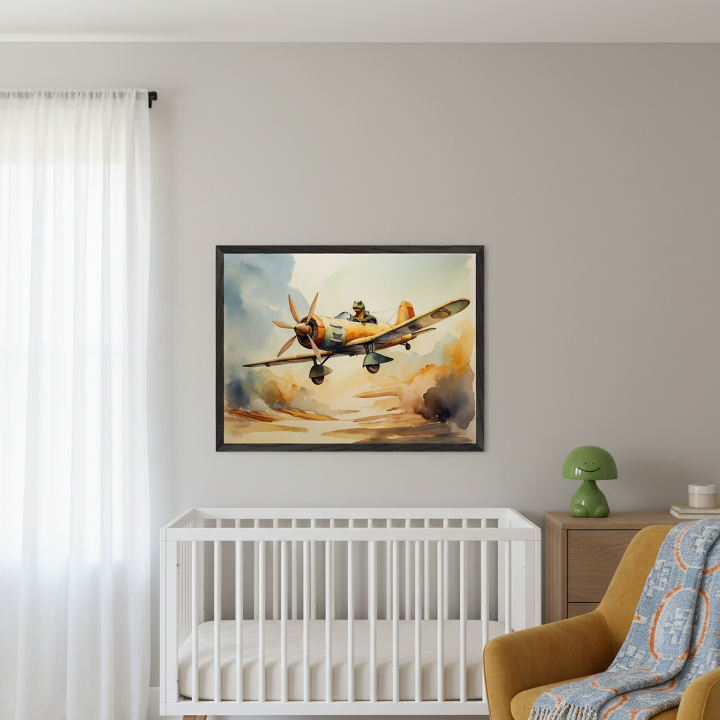Modern nursery with a white crib, wooden dresser, and yellow armchair. A framed watercolor print of a yellow biplane with a frog pilot flying through a cloudy sky hangs above the crib and dresser.