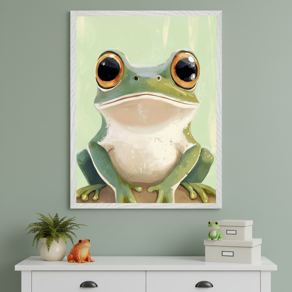 Modern room with a white dresser. A large framed illustration of a wide-eyed green frog hangs centered above the dresser. On the dresser are a potted plant, an orange frog figurine, stacked white boxes, and a green frog figurine.