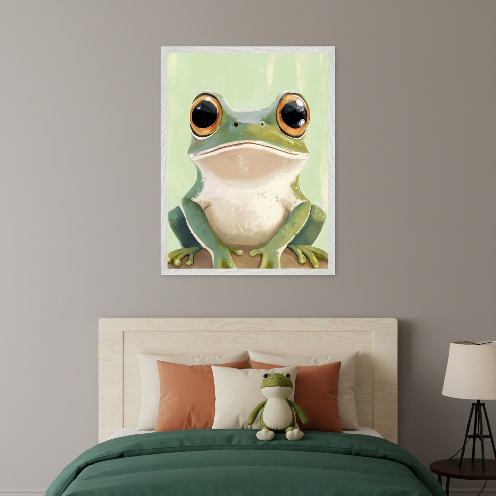 Kid's bedroom with a wooden headboard bed, green duvet, orange and cream pillows, a frog plush, and a nightstand with a lamp. A large framed illustration of a stylized green frog with big eyes on a light green background hangs centered above the bed.