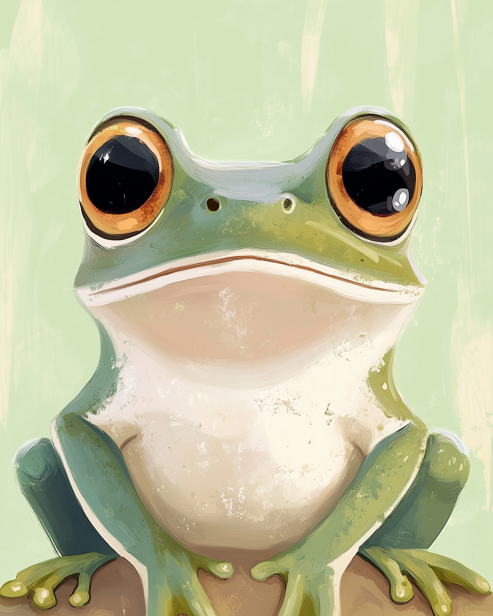 A whimsical illustration of a frog with large, expressive orange eyes, sitting upright against a soft green background. The frog has a smooth, green and white body, and its detailed, textured skin gives it a playful appearance.