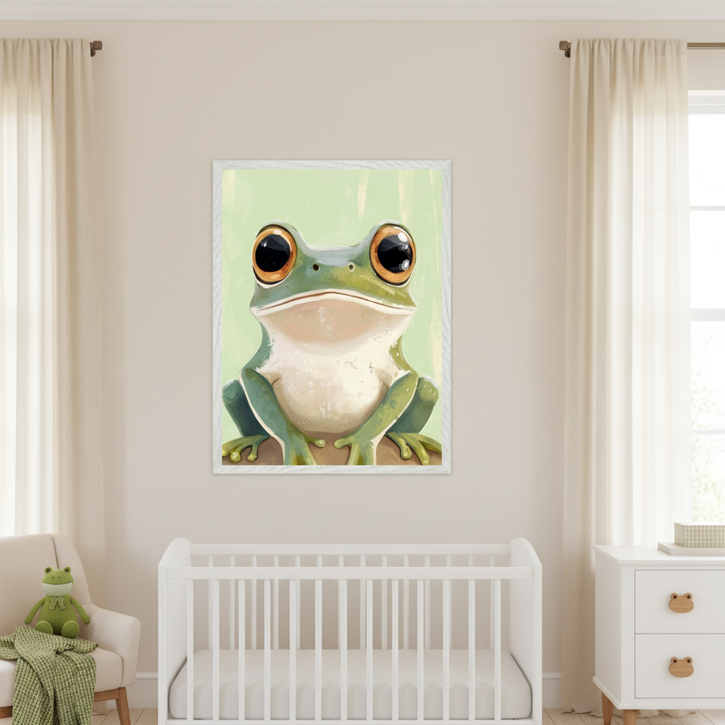 Modern nursery with a white crib, dresser, and armchair. A large framed print of a cartoon frog with big orange eyes hangs centered above the crib.