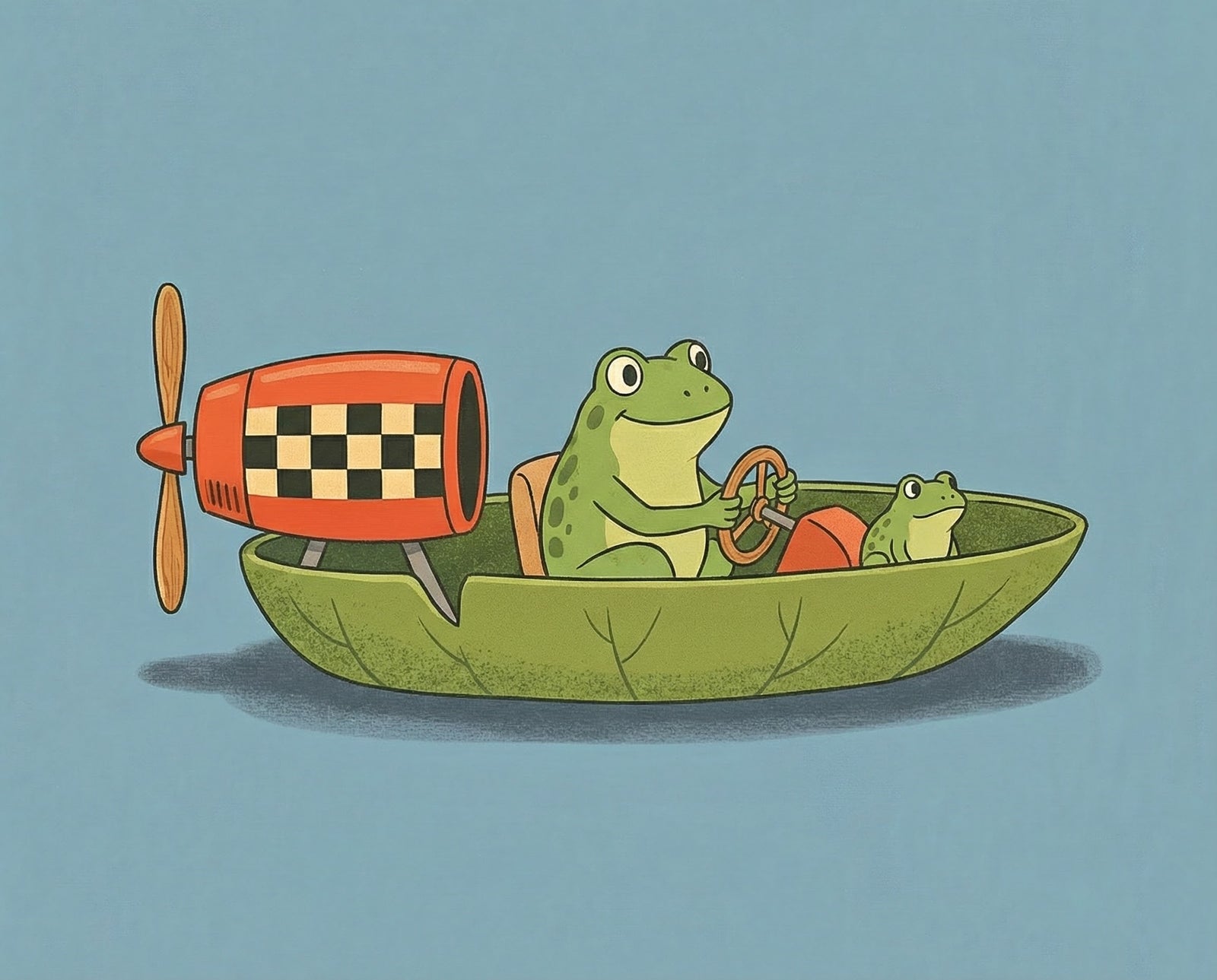 A green frog steers a leaf-shaped speedboat powered by a propeller engine with a checkered stripe, carrying a smaller frog passenger in a lighthearted and imaginative water vehicle for all ages.
