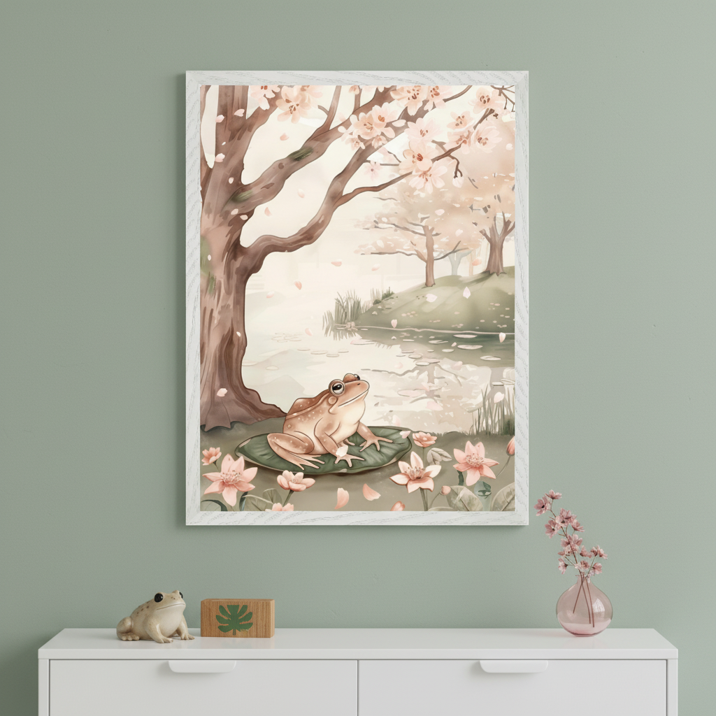 Modern room with a white dresser. A large framed watercolor print of a frog on a lily pad by a pond with cherry blossoms hangs centered above the dresser. A frog figurine and a vase of flowers are on the dresser.