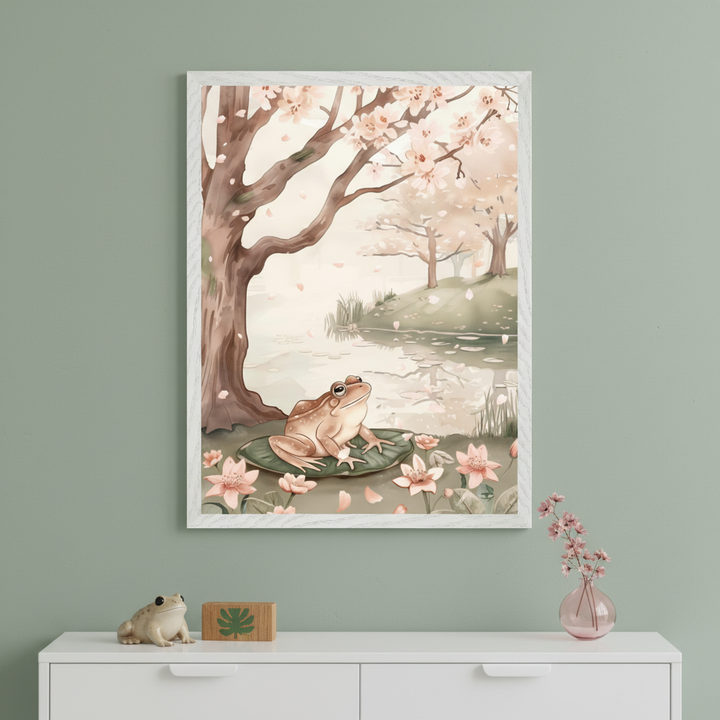 Modern room with a white dresser. A large framed watercolor print of a frog on a lily pad by a pond with cherry blossoms hangs centered above the dresser. A frog figurine and a vase of flowers are on the dresser.