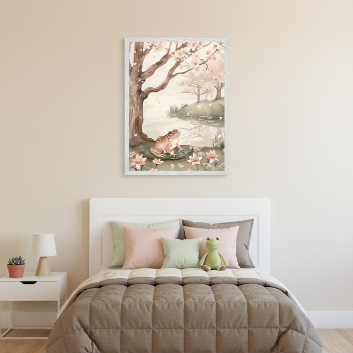 Kid's bedroom with a white bed, pastel pillows, and a white nightstand with a lamp. A framed watercolor print of a frog on a lily pad in a pond with cherry blossom trees hangs above the bed.