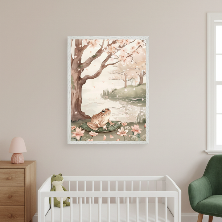 Modern nursery with a white crib, light wood dresser, and green armchair. A framed watercolor illustration of a frog on a lily pad by a pond with cherry blossoms hangs above the crib. A pink lamp sits on the dresser, and a plush frog toy is in the crib.