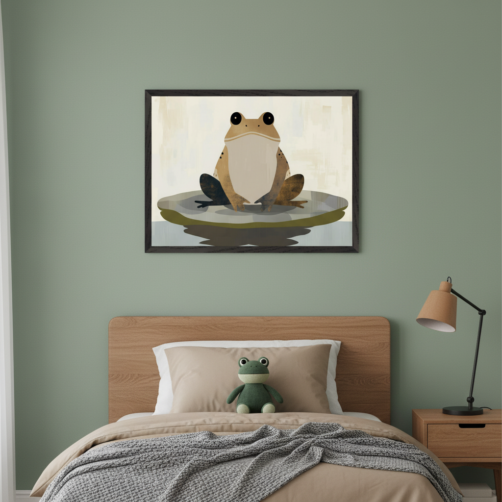 Modern kid's bedroom with a green wall, wooden bed, beige bedding, and a stuffed frog. A large framed graphic illustration of a brown frog on a lily pad hangs centered above the bed. A wooden nightstand and lamp are on the right.