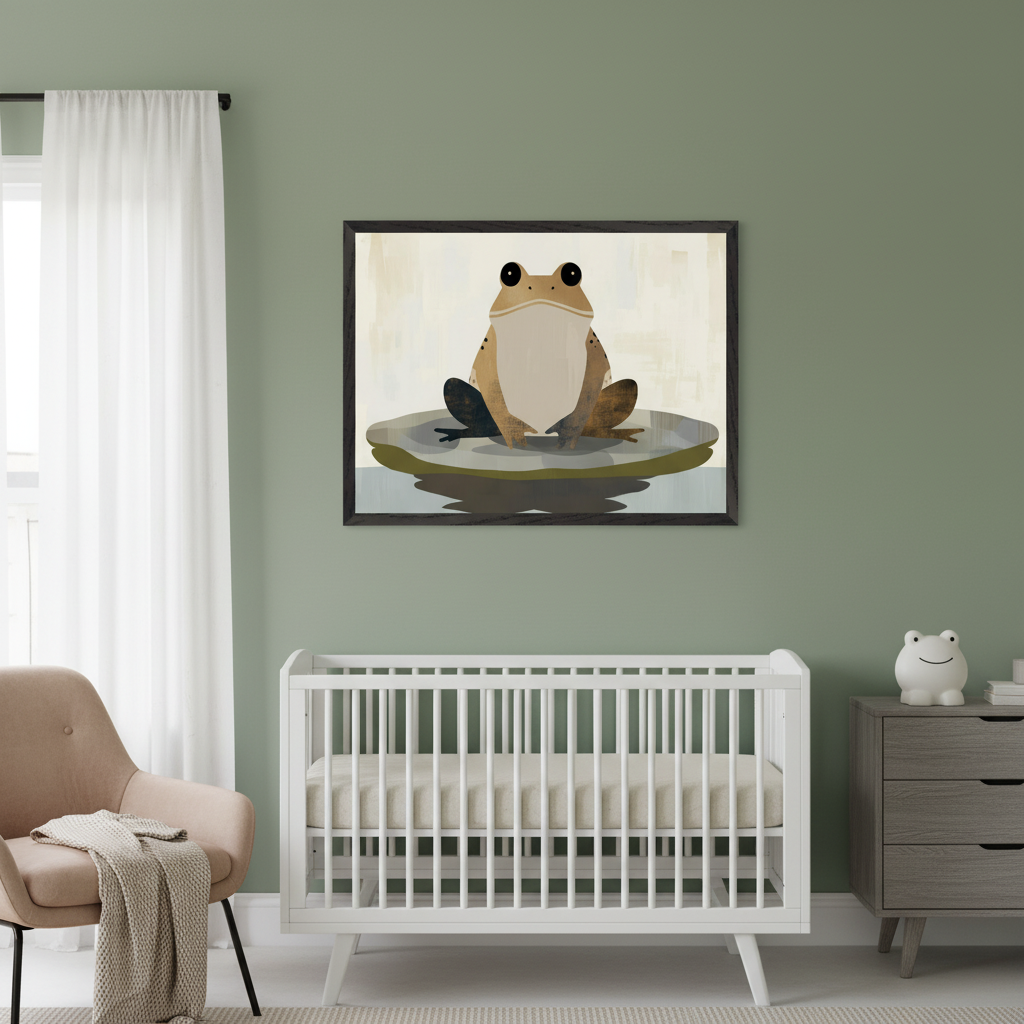 Modern nursery with a sage green wall. A large framed illustrative painting of a brown frog on a lily pad hangs above a white crib. A beige armchair and a gray wooden dresser are in the room.
