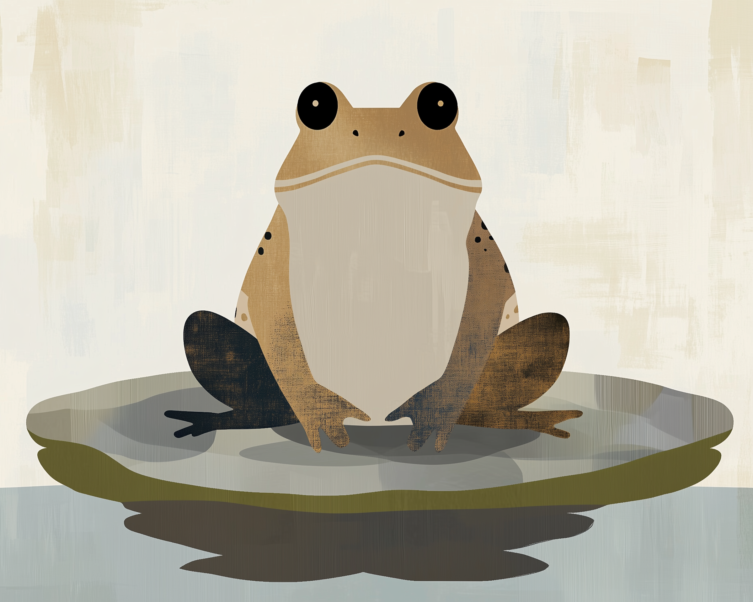A stylized illustration of a frog sitting on a lily pad, with earthy tones of brown and beige, set against a textured, abstract background.