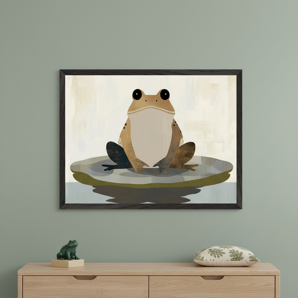 Framed illustration of a stylized frog sitting upright on a lily pad, with oversized eyes and simple geometric shapes against a light textured background. The artwork is displayed above a wooden dresser with a frog figurine and a cushion with a green leaf pattern, adding a playful, nature-themed touch to the room.
