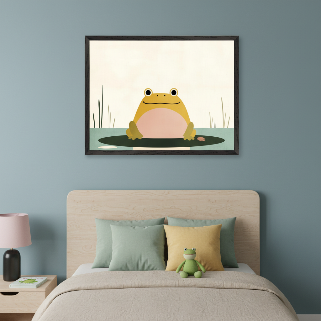 Modern kid's bedroom with a light wood bed, headboard, and nightstand with a pink lamp. A large framed cartoon-style illustration of a happy yellow frog on a lily pad in water hangs centered above the bed on a blue wall.