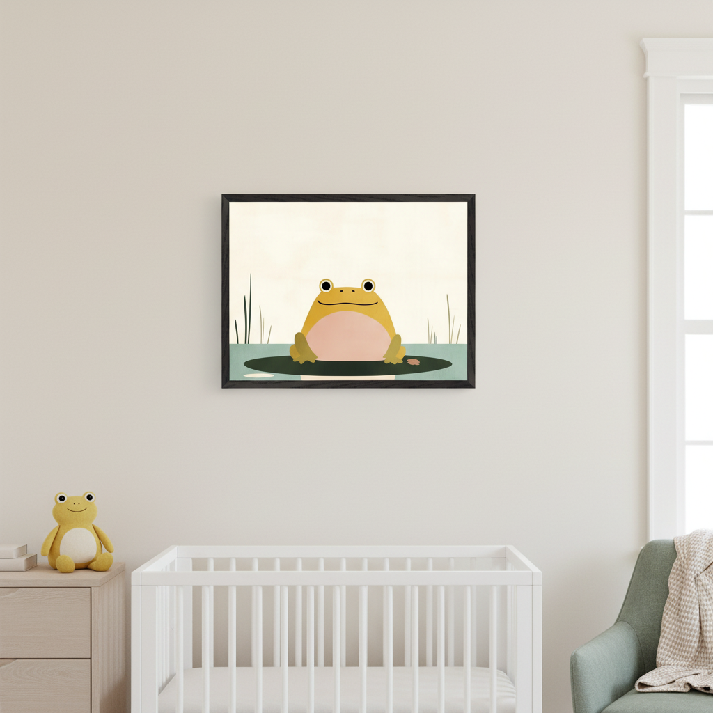 Modern nursery with a white crib and wood dresser. A framed illustration of a yellow frog on a lily pad in water hangs above the crib. A matching frog plush toy is on the dresser.
