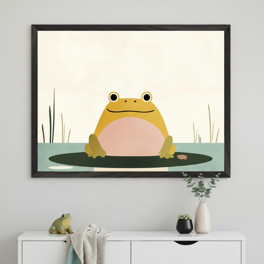 Framed wall art of a cheerful, cartoon-style yellow frog with a pink belly sitting on a lily pad in a calm pond with tall grasses. The cabinet below is decorated with a ceramic frog, a light blanket, a small black pot, and a tall white vase holding eucalyptus stems.