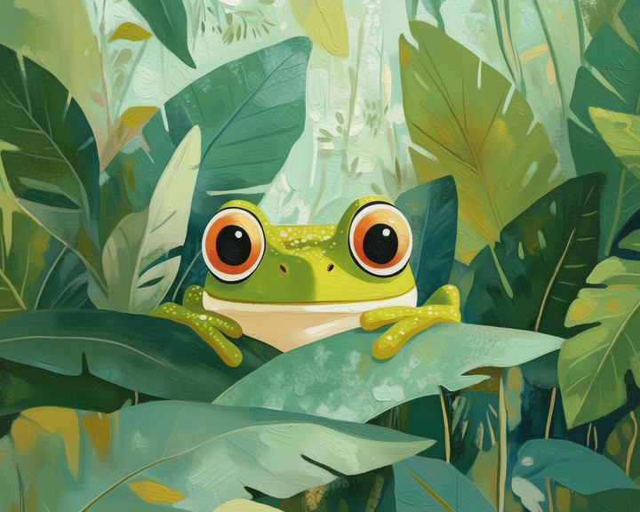 A cartoon frog with large, expressive eyes peeks out from behind lush green leaves in a vibrant jungle setting.