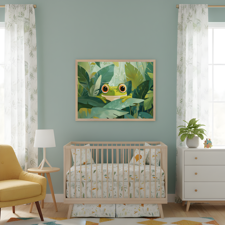 Serene jungle-themed nursery with a framed illustration of a wide-eyed frog peeking through tropical leaves, centered above a natural wood crib. The room features soft green walls, leafy curtains, a cozy yellow armchair, and a white dresser topped with a plant and wooden toy.