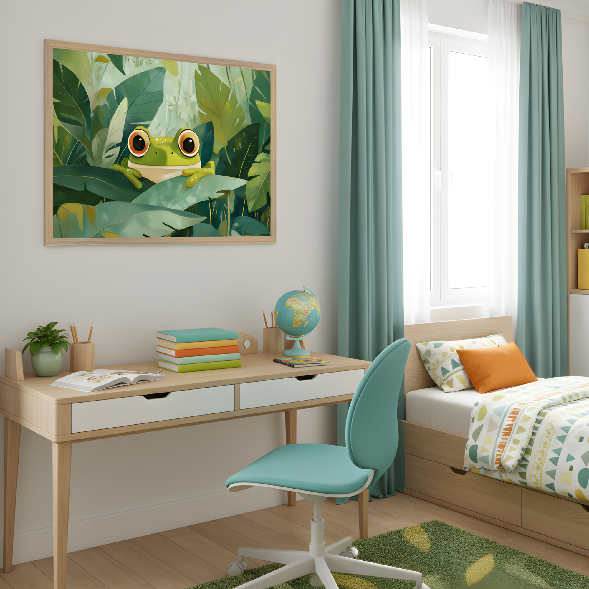 A cheerful kids' bedroom with a framed illustration of a wide-eyed frog peeking through lush jungle leaves, hanging above a light wood desk. The room features teal and orange accents, a green leafy rug, and a bed with geometric-patterned bedding in coordinating colors.