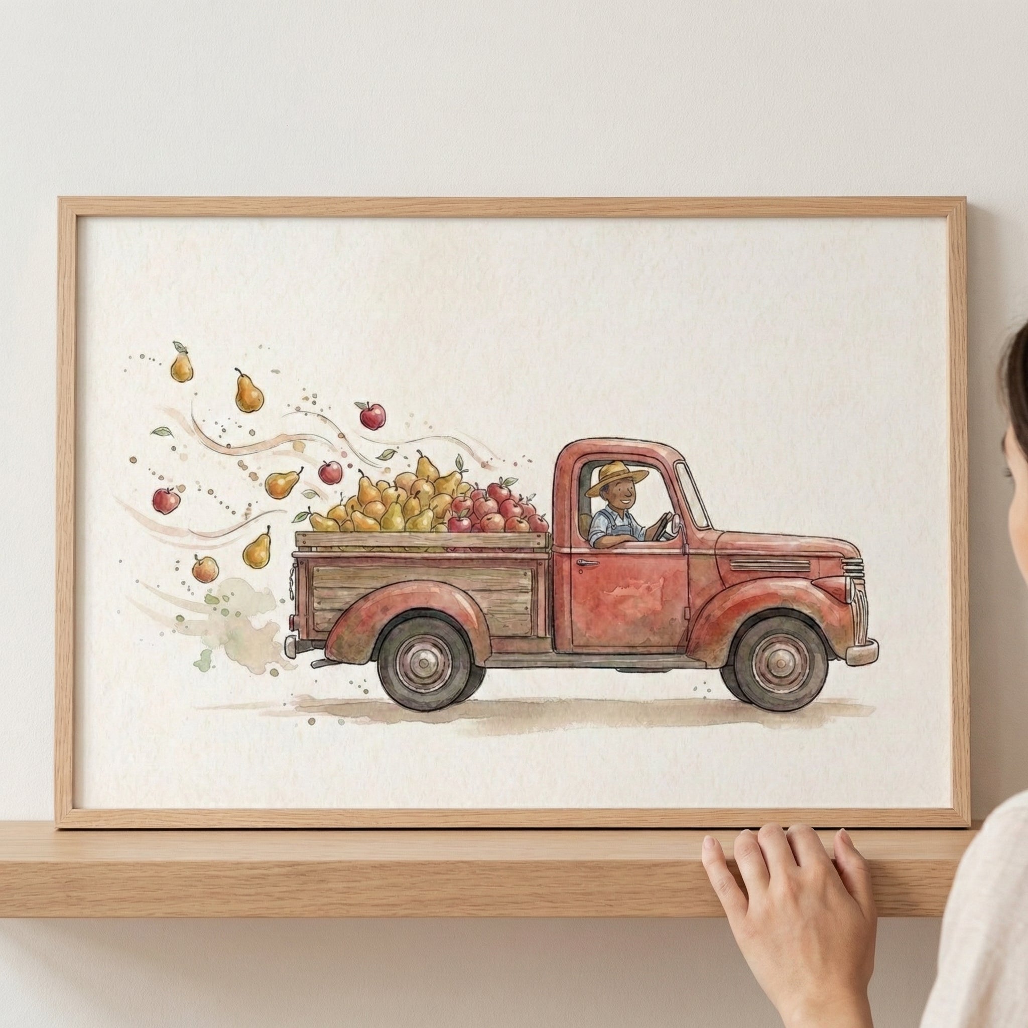 Whimsical watercolor artwork of a smiling farmer driving a vintage red pickup truck filled with apples and pears. The fruit is flying out of the back in a joyful swirl, adding motion and energy to the scene.