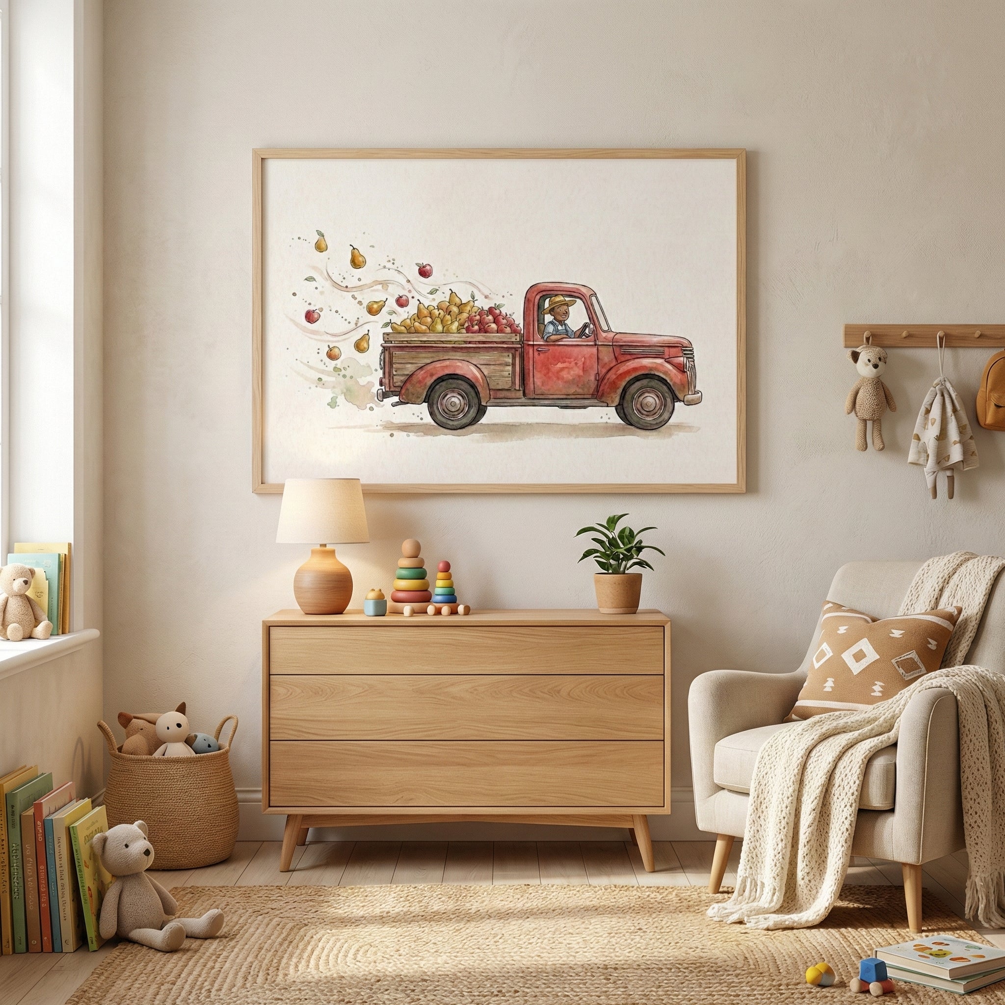 Cheerful fruit truck painting displayed in a cozy nursery with soft, neutral decor. The red truck overflows with pears and apples as they swirl into the air behind it, bringing a lighthearted farm-to-room vibe.