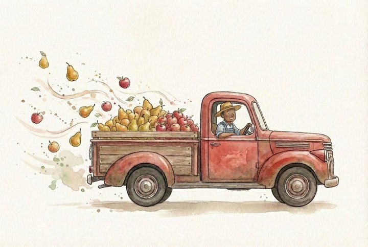 A smiling farmer drives a vintage red pickup truck loaded with pears and apples, with some fruit playfully flying out the back. The watercolor-style illustration captures a joyful, harvest-themed moment in motion.