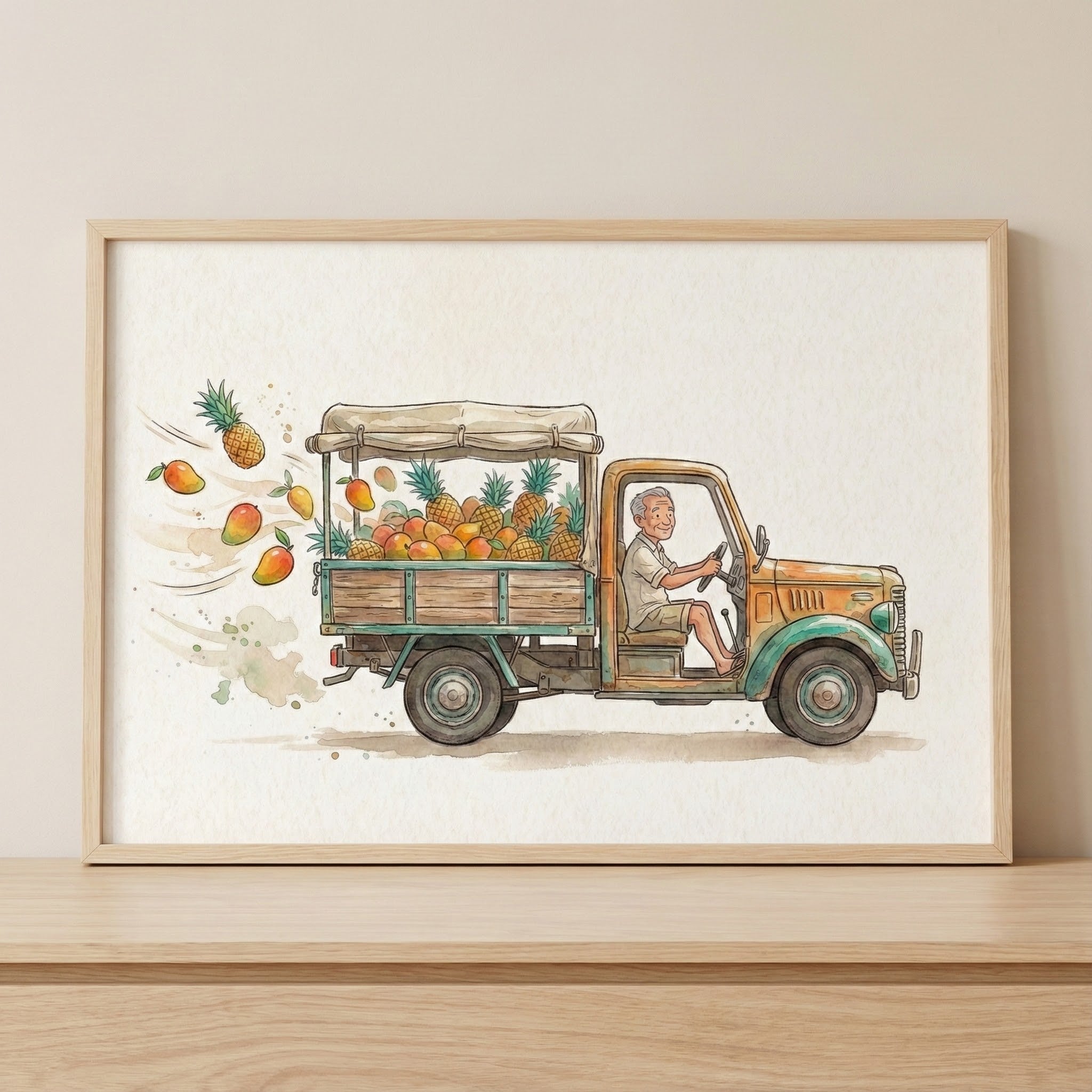 Framed watercolor artwork of an older man driving a rustic green and orange truck filled with pineapples and mangoes. The fruit is playfully tumbling out the back as the truck moves, creating a fun and energetic scene.