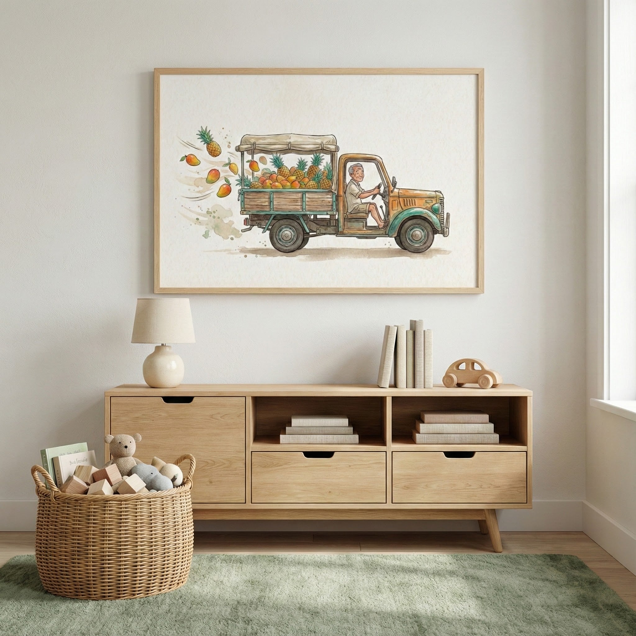 Tropical fruit truck illustration hanging above a wooden toy storage console in a light, cozy room. The painting shows a joyful man driving a small truck packed with pineapples and mangoes, some floating behind in a colorful trail.