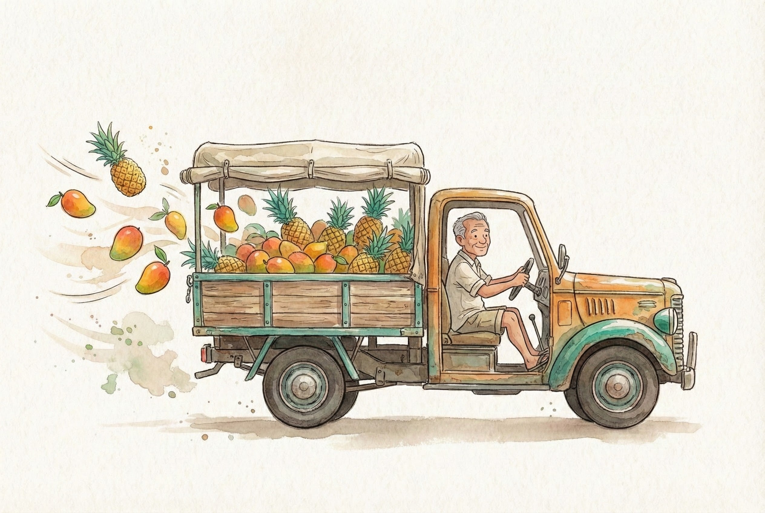 A cheerful man drives an old, colorful pickup truck overflowing with pineapples and mangoes, some of which are flying out the back as the truck moves. The scene has a lively, tropical vibe with playful fruit trails and a vintage, hand-painted style.