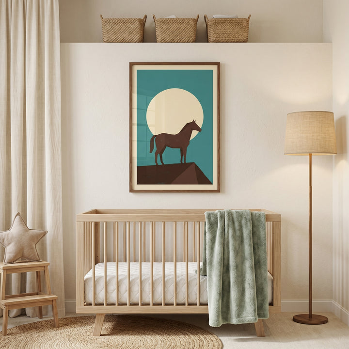 Full moon brown horse wall art hangs above a wooden crib in a neutral nursery with a floor lamp and star-shaped pillow.