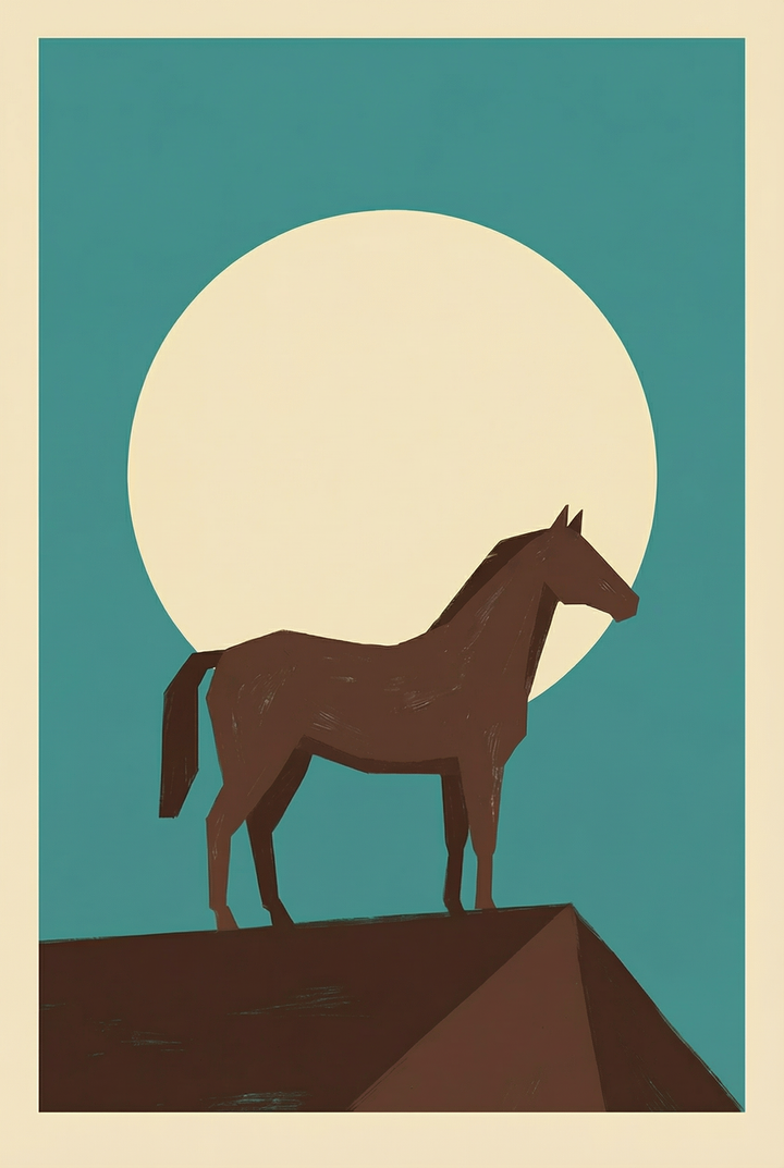 Minimalist full moon brown horse wall art shows a brown horse standing on a peak against a large moon and teal sky.