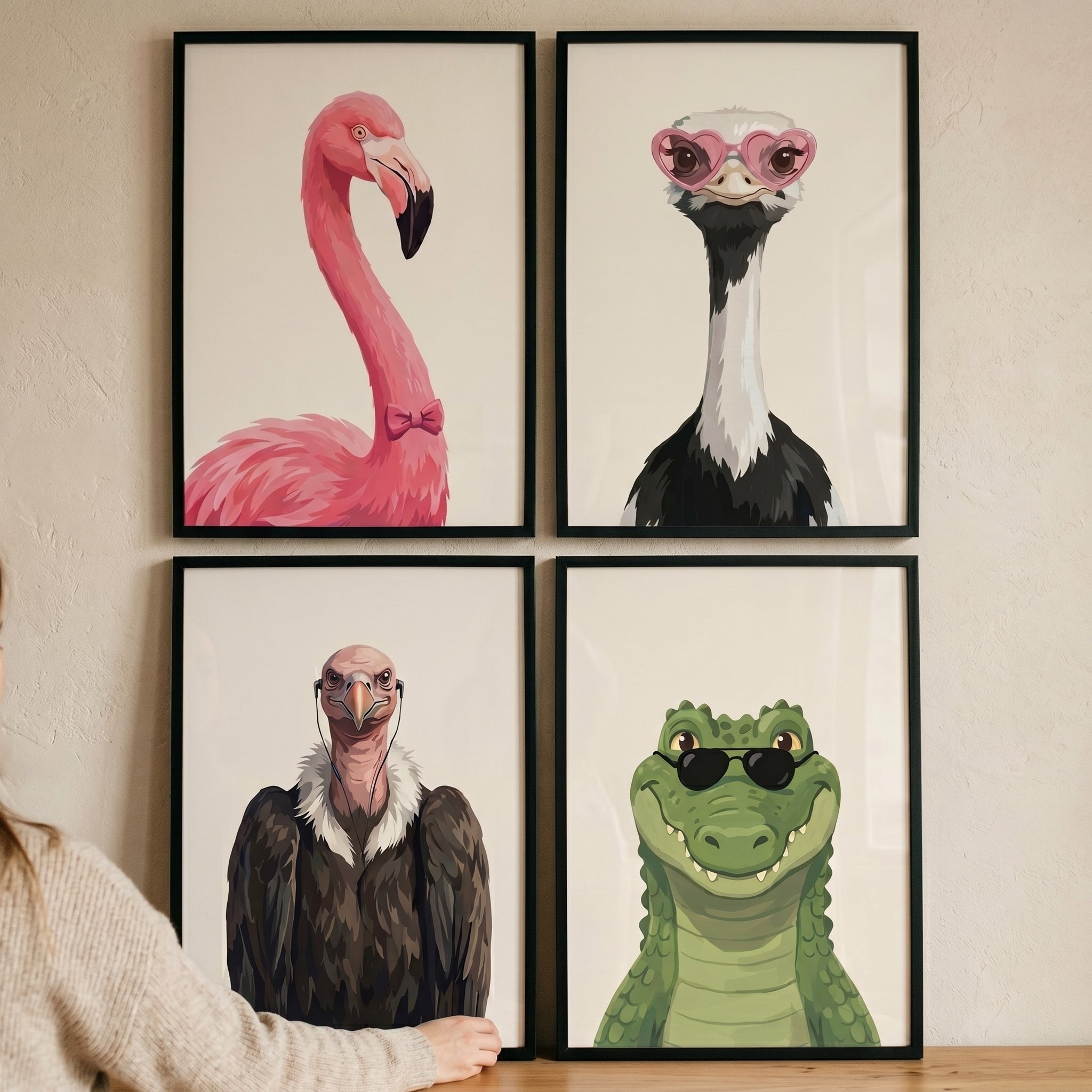 Funky Accessorized Savanna Animals Wall Art Set of 4 - Fashionable Fauna
