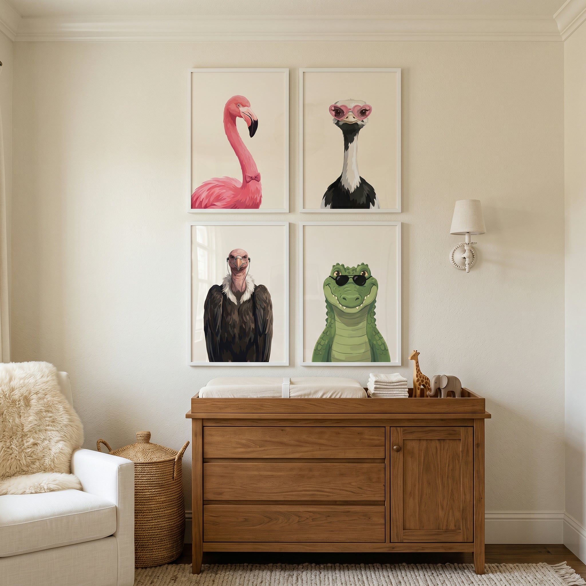 Funky Accessorized Savanna Animals Wall Art Set of 4 - Fashionable Fauna