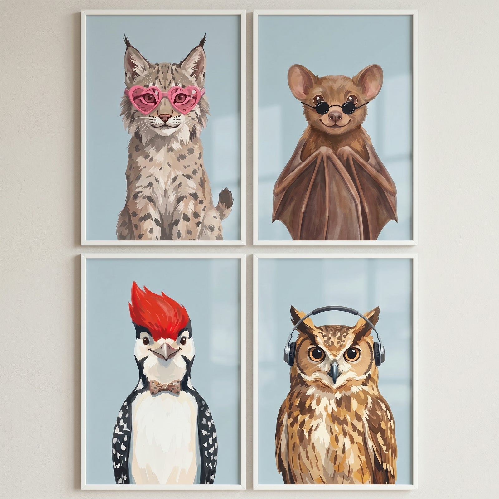 Funky blue forest animal wall art set of 4 featuring a lynx, bat, woodpecker, and owl wearing glasses and headphones.