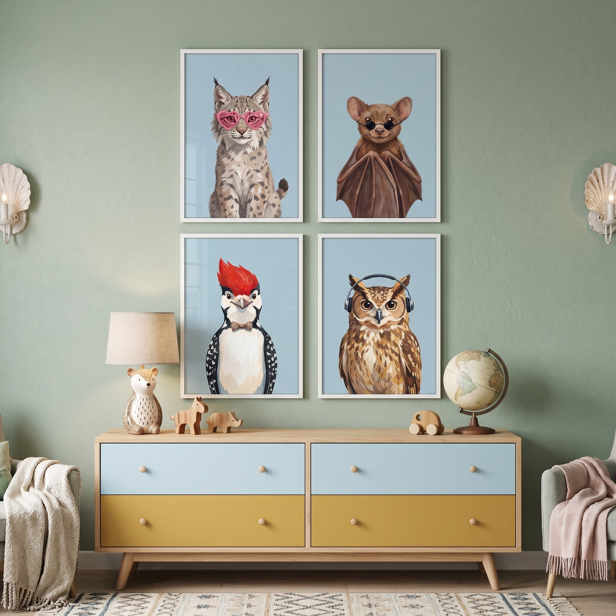 Funky Blue Forest Animal Wall Art Set of 4 - Cool Critter Collection