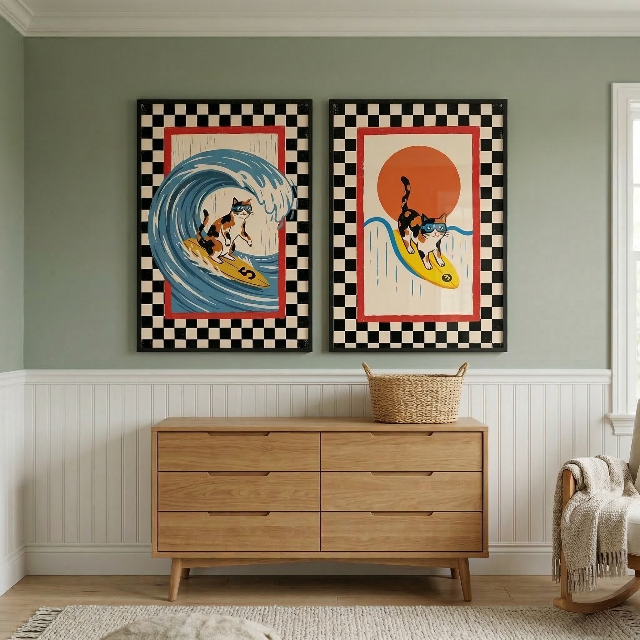 Funky Coastal Cat Surfing Wall Art Set of 2 - Retro Surf Felines