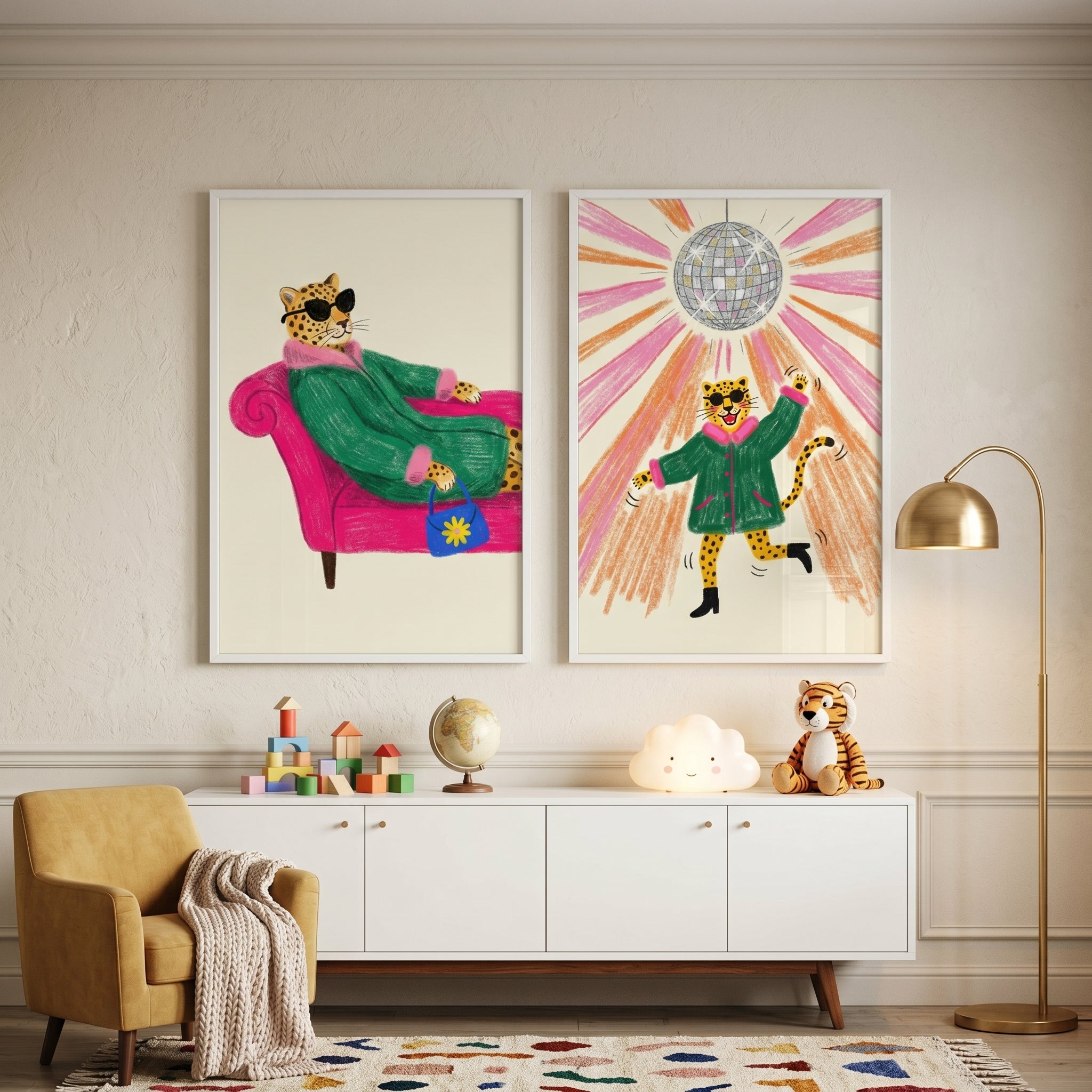 Funky Green Coat Leopard Wall Art Set of 2 - Disco Leopard Chic