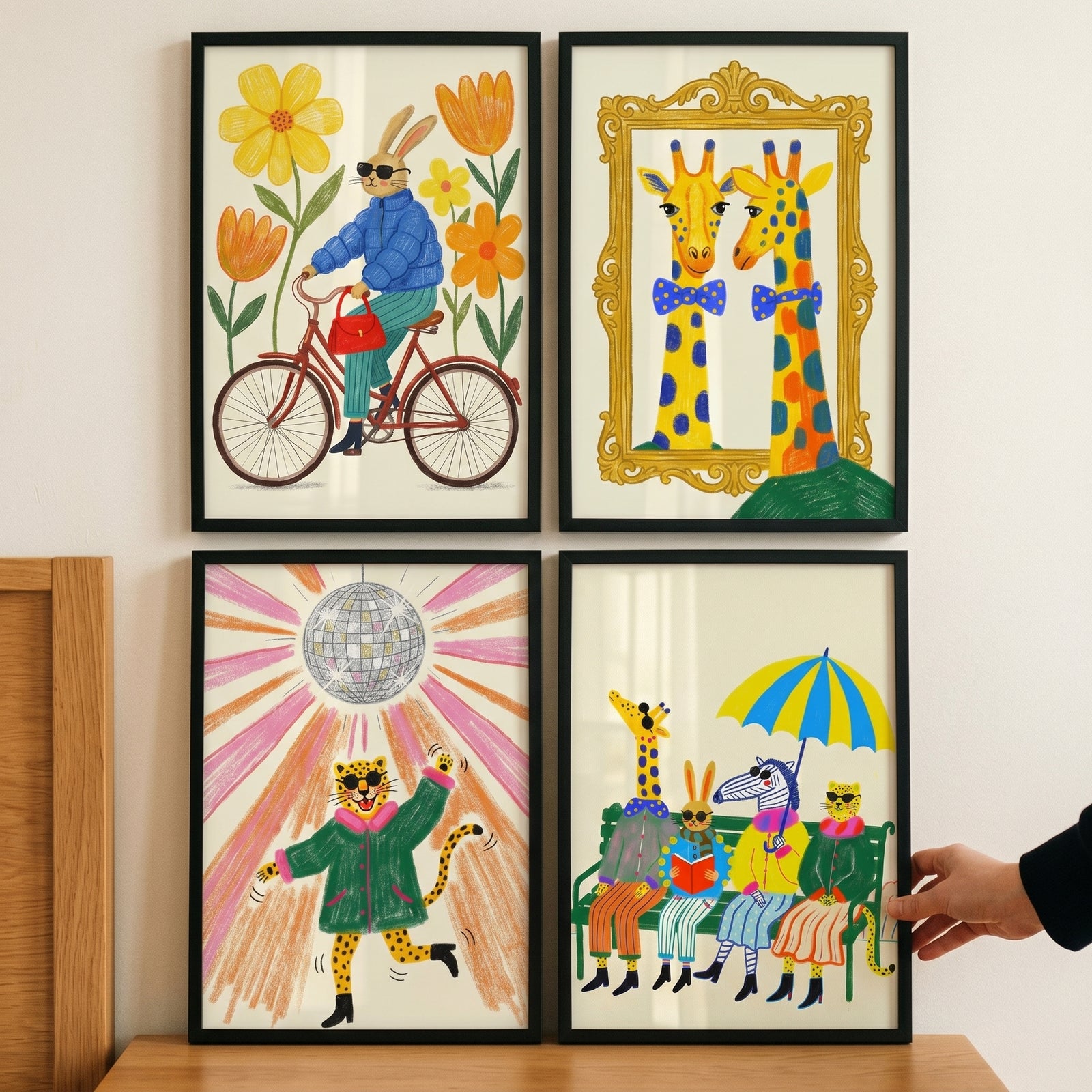 Funky maximalist dressed animal artwork set of 4 shows a cycling rabbit, giraffes, a disco leopard, and animals on a bench.