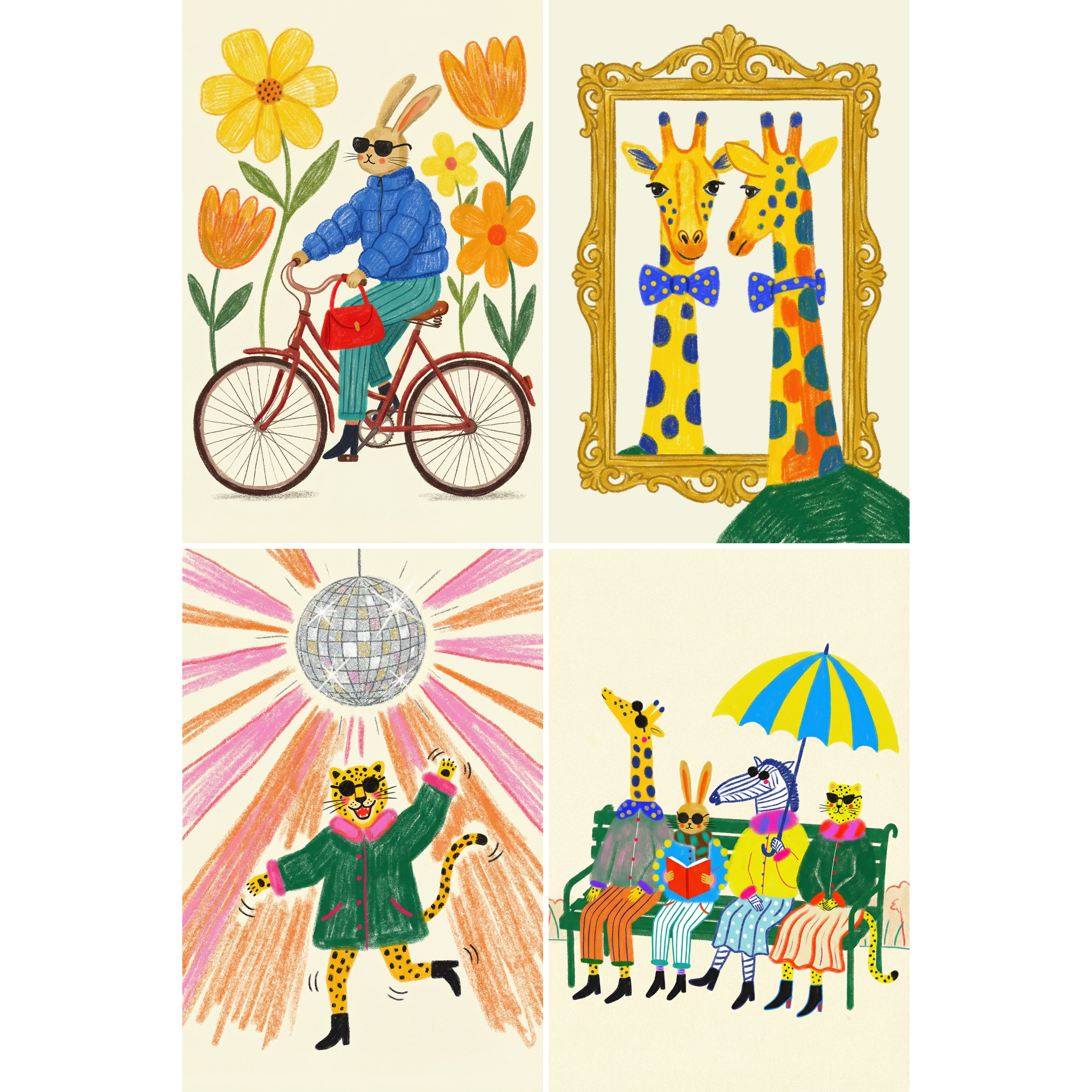Funky Maximalist Dressed Animal Artwork Set of 4 - Whimsical Animal World
