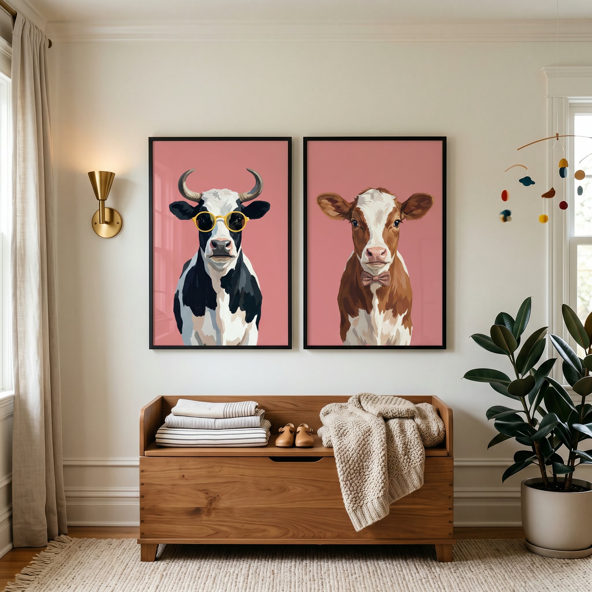 Funky Pink Cow Wall Art Set of 2 - Dapper Dairy Duo