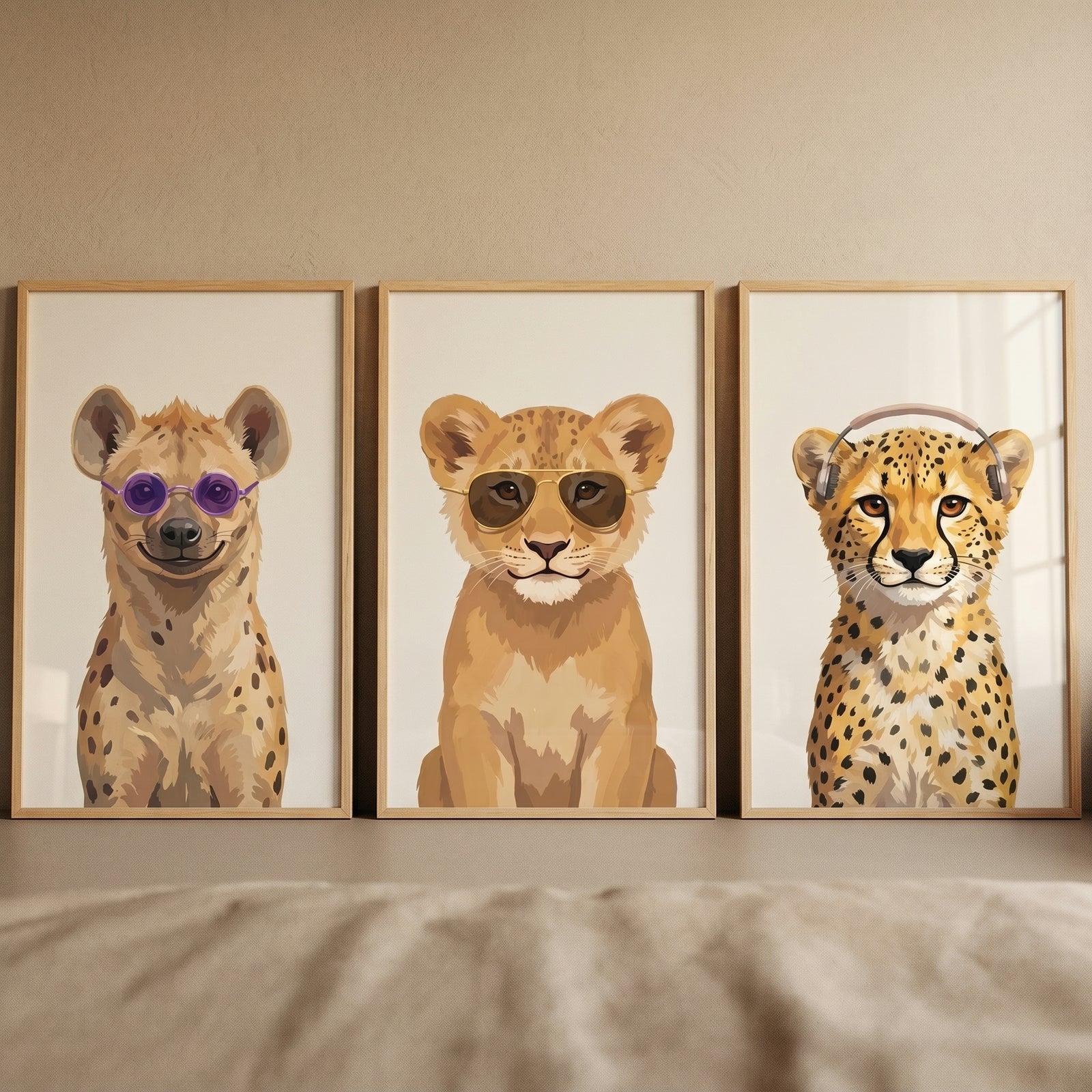 Funky portrait safari animal wall art set of 3 with a hyena, lion cub, and cheetah wearing sunglasses and headphones.