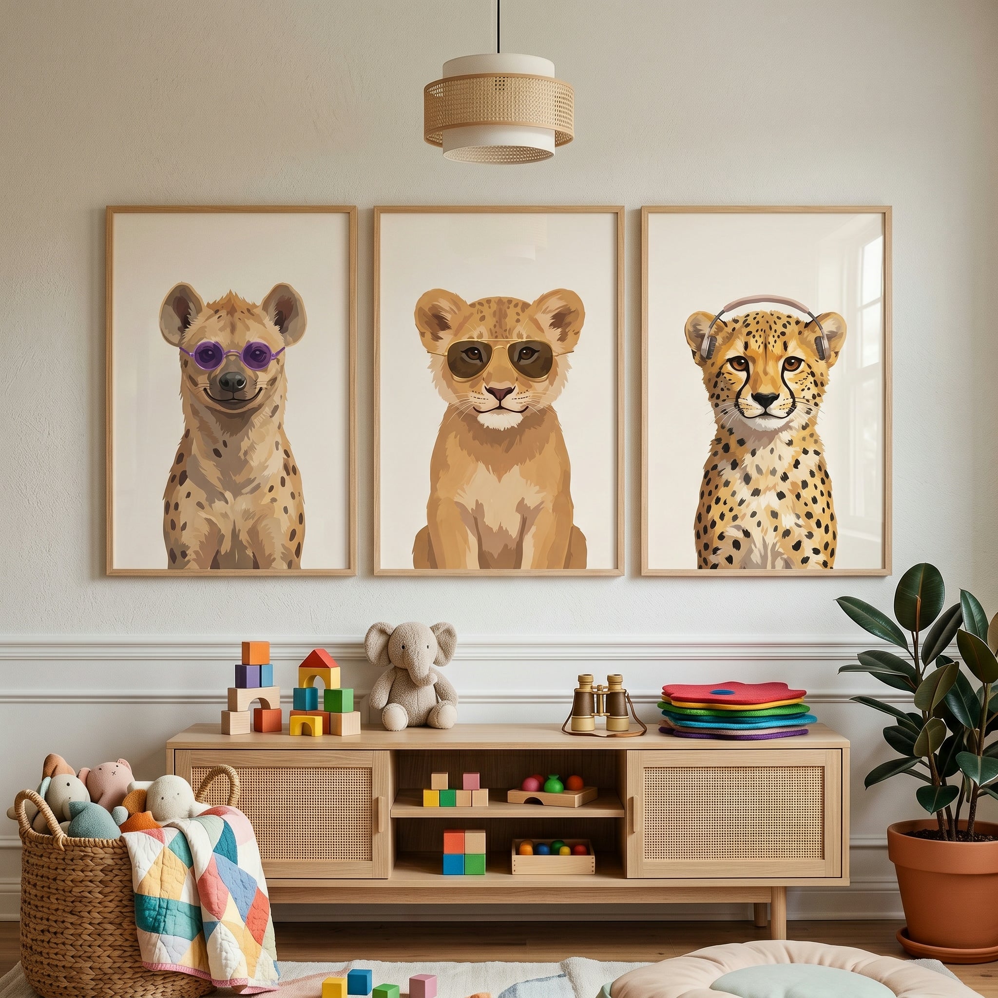 Funky Portrait Safari Animal Wall Art Set of 3 - Cool Savanna Crew