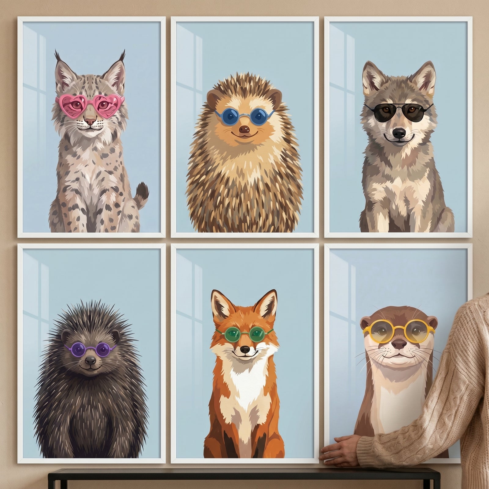 Funky shades woodland animal wall art set of 6 features a lynx, hedgehog, wolf, porcupine, fox, and otter wearing glasses.